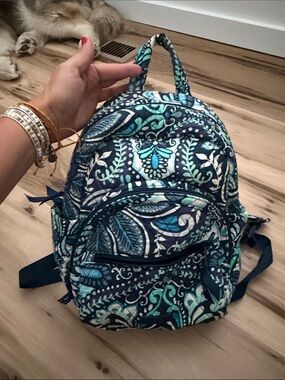 Vera Bradley Quilted Mini Backpack in Navy, Teal & White Floral Print